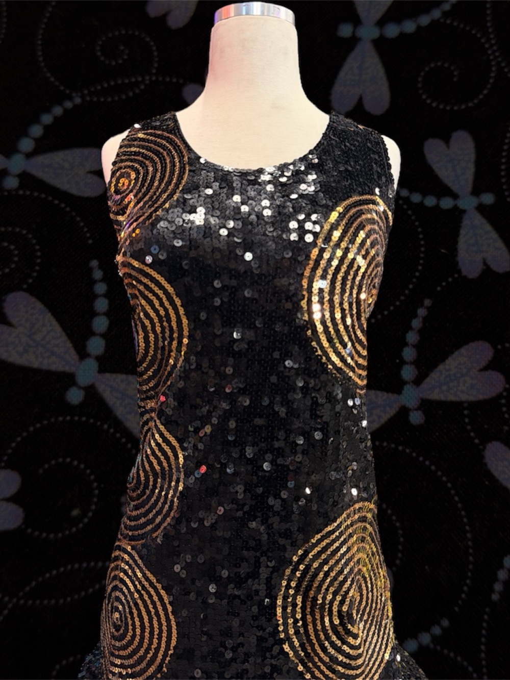 Black Sequin Mini Dress with Gold Spiral Embellishments